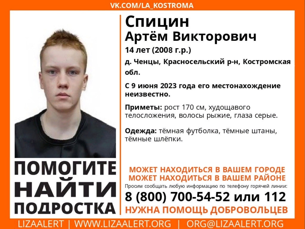 В Костромской области в четвёртый раз пропал 14-летний подросток с рыжими волосами