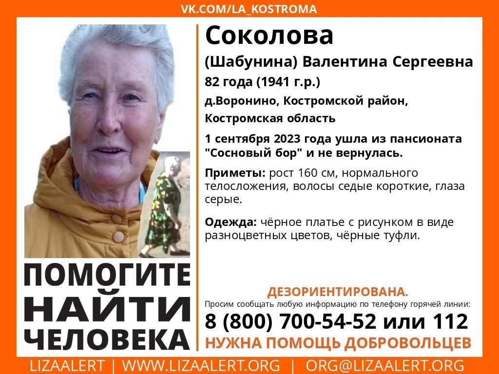 84-летняя женщина в чёрном пропала из пансионата в Костромской области