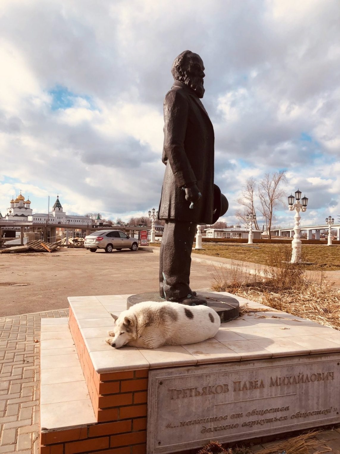 Печальный Хатико ждет кого-то у памятника Третьякову в Костроме