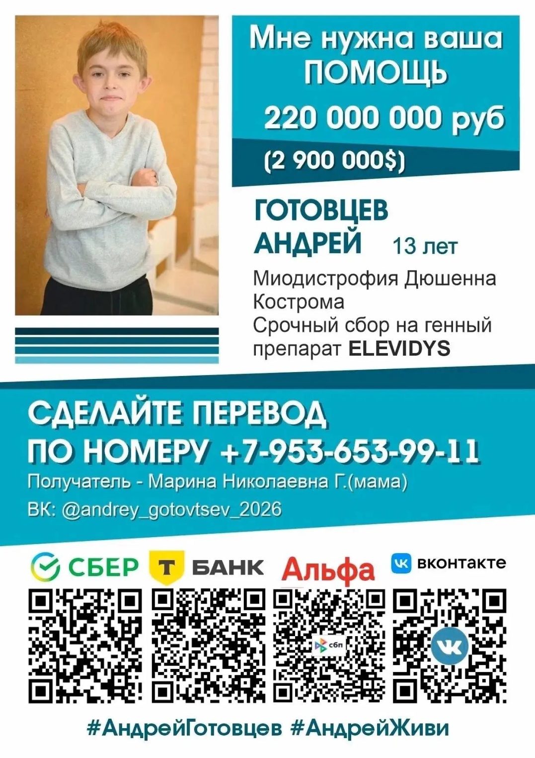 Певица Татьяна Буланова призвала помочь 13-летнему Андрею Готовцеву